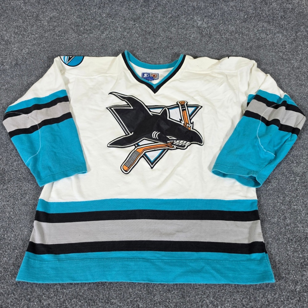 Vintage Starter San Jose Sharks NHL Jersey Shirt Mens Medium White Teal 90s